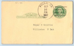 DPO Folly Virginia VA Postcard Edgar M Griffin Williston North Dakota ND 1942