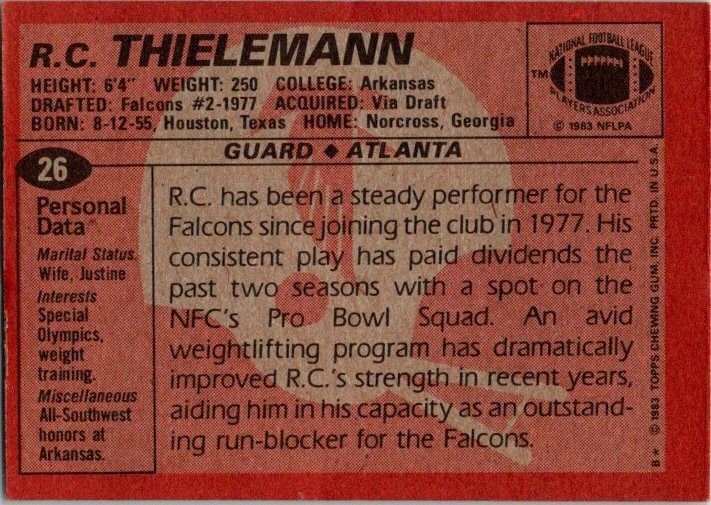 1983 Topps Football Card R C Thielemann Falcons