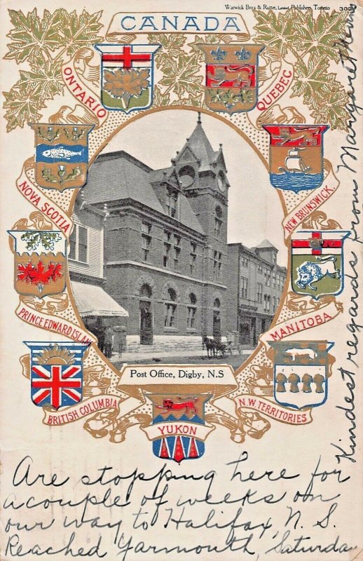 DIGBY NOVA SCOTIA CANADA~POST OFFICE~ALL PROVINCES HERALDRY~1906 POSTCARD