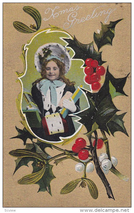 Xmas Greeting, Girl wearing bonnet, holding gifts, Holly, gold background, 00...