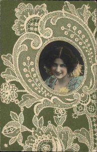 Beautiful Art Nouveau Pretty Woman RPPC & Lace Border Dentelles 5556 Postcard