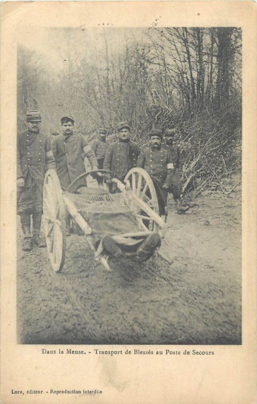  World War 1915 military on the front carrying a wounded soldier France Meuse