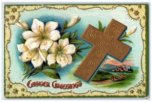 1911 Easter Greetings Holy Cross White Lily Flowers Embossed Antique Postcard