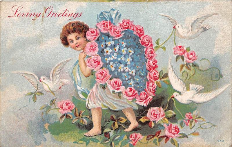 C25/ Valentine's Day Love Holiday Postcard c1910 Cupid Doves Flowers 11