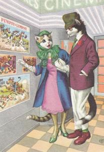 Cat Cats at Cinema Foyer Reading Film Posters Comic Postcard