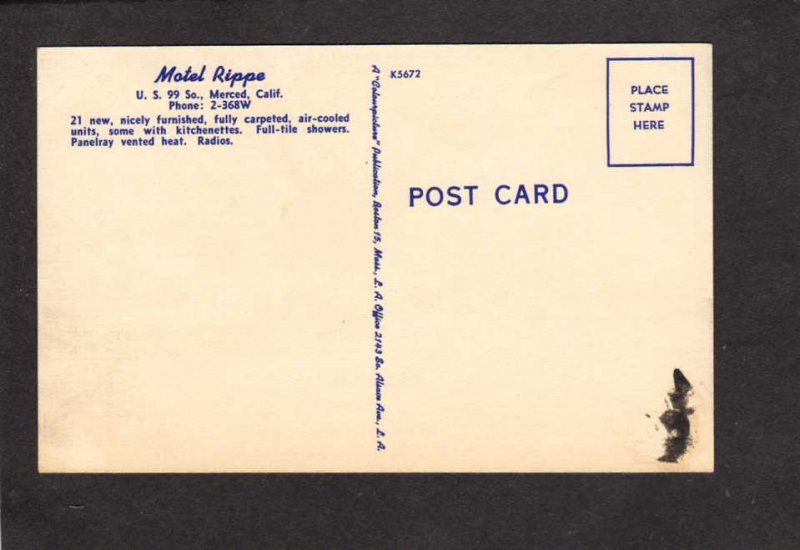 CA Motel Rippe Merced California Postcard - Paper adhesion on back