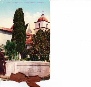 Fountain Santa Barbara Mission, Real Ribbon Trim California Vintage Postcard I20