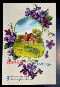 Vintage Victorian Postcard 1901-1910 Birthday Greetings - Violets with House