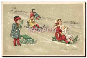 Old Postcard Fantasy Illustrator Agnes Richardson Children Sledding