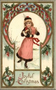Christmas Little Girl with Fur Muff Ice Skating c1910 Vintage Postcard