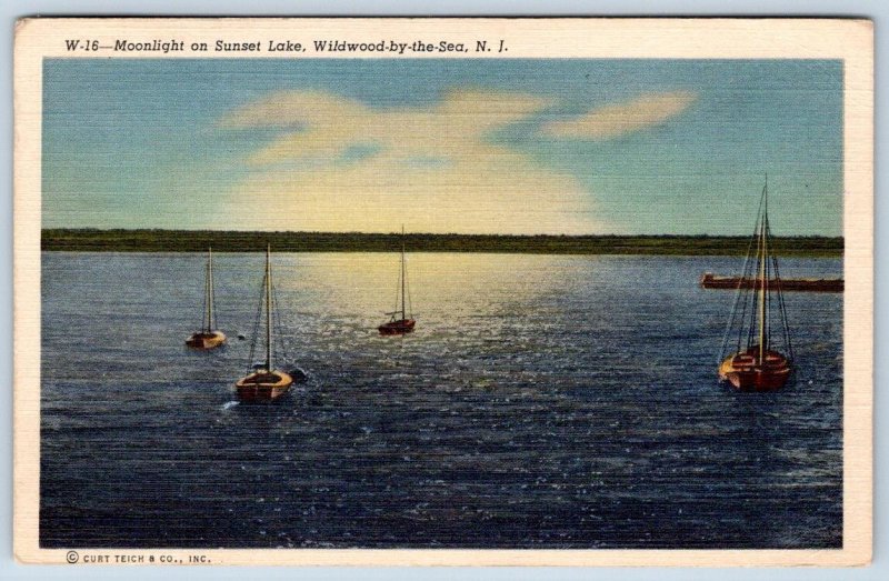 1944 WWII WILDWOOD BY THE SEA NJ MOONLIGHT SUNSET LAKE PVT EARL YOUNG POSTCARD