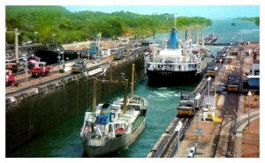 Gatun Locks Panama Canal View towards Gatun Lake Boat Postcard