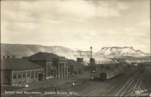 Green River WY RR Train Depot Station & Yards SANBORN Real Photo Postcard