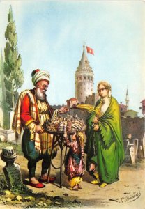 Lot344 sweet meals seller and galata tower istanbul painting postcard art turkey