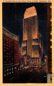 Ohio Cincinnati Fountain Square and Carew Tower At Night Curteich