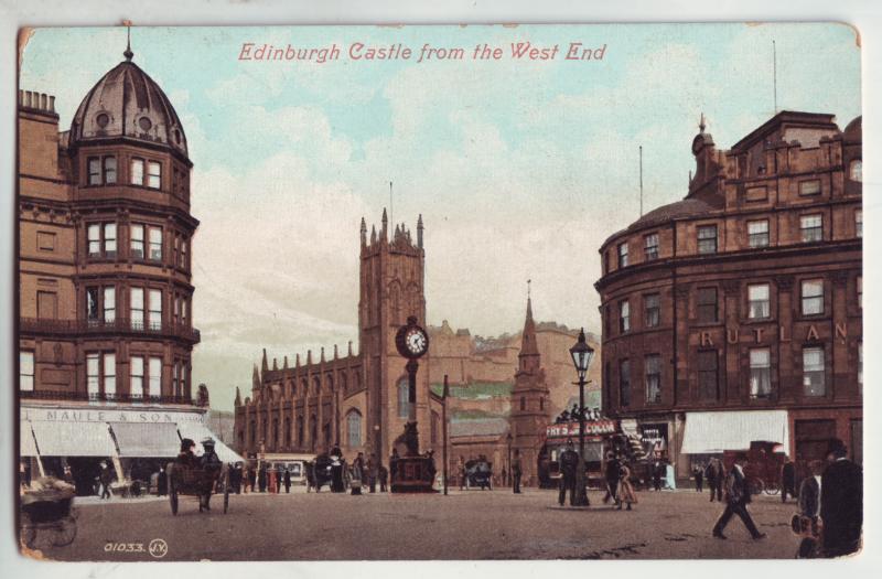 P886 valentines card eidinburg castle west end horse & wagons people etc the uk