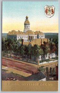 JEFFERSON CITY MO STATE CAPITOL BUILDING GOLD EMBOSSED COAT OF ARMS POSTCARD