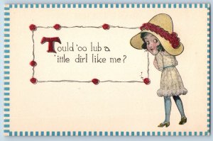 Little Girl With Floral Hat Postcard Tould Oo Lub A Ittle Dirl Like Me c1910's
