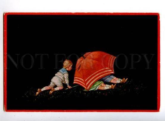 3161221 Kids w/ UMBRELLA by FIALKOWSKA Vintage colorful PC