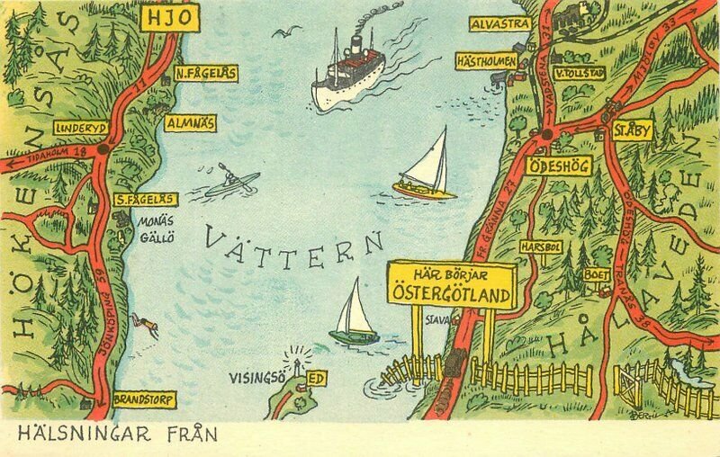 Halsningar Fran Ostergotland Sweden Map Attractions Postcard 20-4560