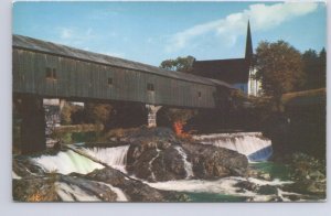 Covered Bridge, Church, Waterfall, Somewhere In New England, Vintage Postcard