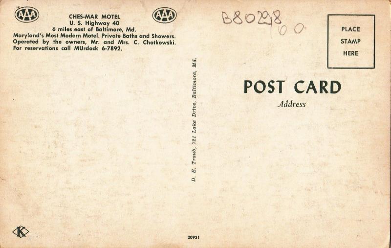 B80298 ches mar motel baltimore Md USA  front/back image