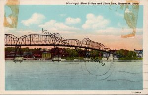 Mississippi River Bridge & Shore Line Muscatine Iowa Postcard PC254