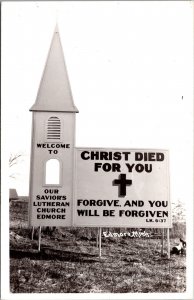 Real Photo Postcard Our Savior's Lutheran Church Billboard in Edmore, Michigan