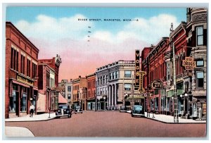 1943 River Street Exterior Building Classic Cars Road Manistee Michigan Postcard