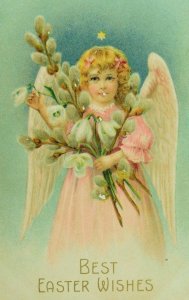 Embossed C. 1910 Easter Postcard Night Scene Angel Star White Crocuses P77