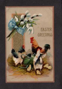Easter Greetings Chicks Chickens Pail Embossed Postcard