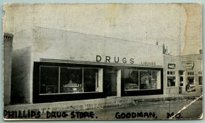 Phillips Drug Store Coca Cola Sign Goodman MO Missouri B&W DB Postcard D14