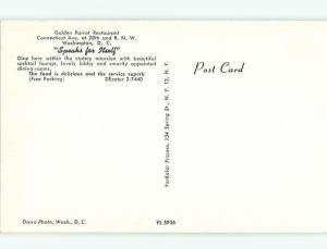 Unused Pre-1980 OLD CARS & GOLDEN PARROT RESTAURANT Washington DC v7571