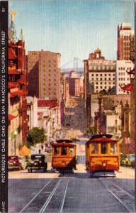 Linen Postcard Picturesque Cable Cars on San Francisco's California Street