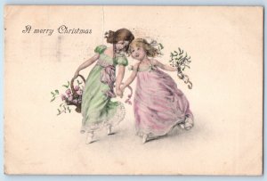 1920 Christmas Children With Flowers Basket Mistletoe New York NY Postcard