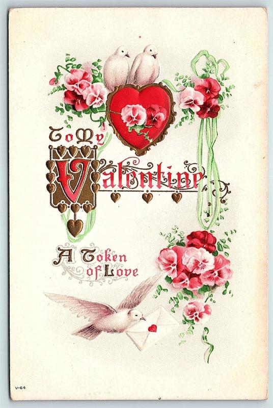 Postcard Valentine To My Valentine A Token of Love Dove with Letter 1915 C30