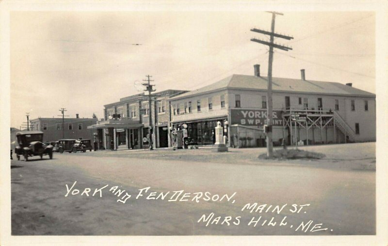 Mars Hill ME Main Street York & Fenderson Store gas Station Real Photo Postcard