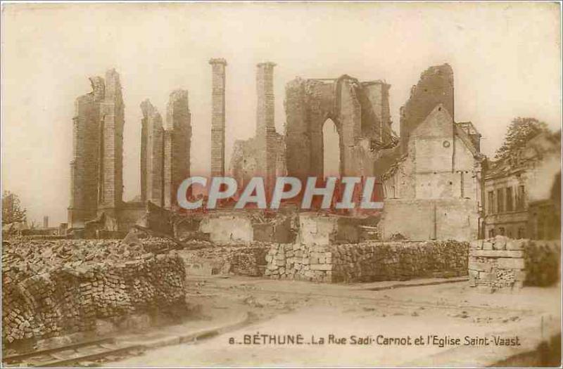 Postcard Old Bethune La Rue Sadi Carnot and the Church of Saint Vaast Army