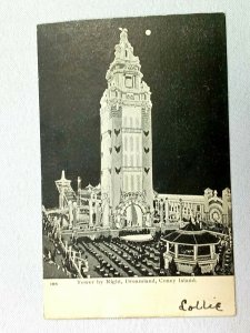 Vintage Postcard 1910s Tower by Night Dreamland Coney Island NY New York