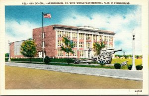 Vtg Harrisonburg VA High School World War Memorial Park Cannon 1940s Postcard