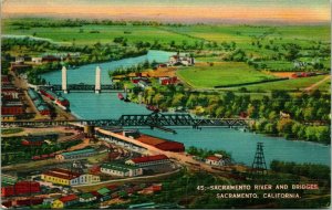 Vtg Linen Postcard - Sacramento River and Bridges Birds Eye View - Unused