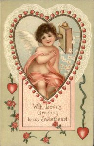 Valentine Fantasy Cupid on Old Telephone c1910 Vintage Postcard