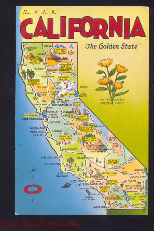 STATE OF CALIFORNIA MAP VINTAGE POSTCARD THE GOLDEN STATE