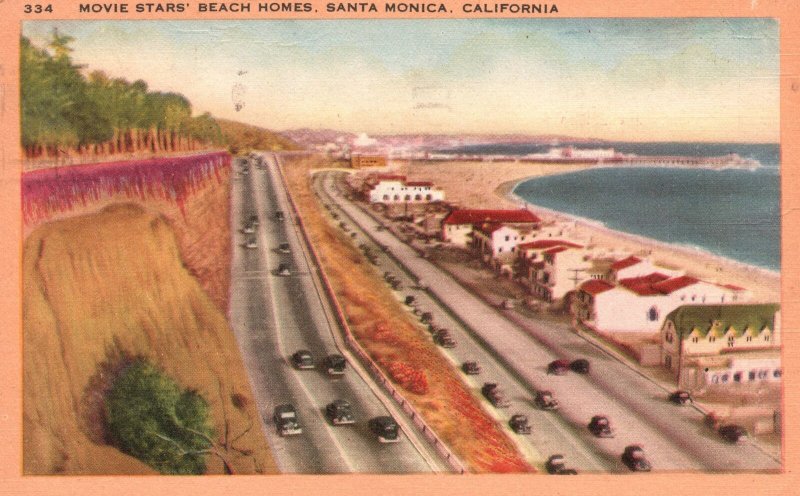 Vintage Postcard 1946 Movie Stars Beach Homes Houses Santa Monica California CA