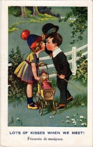 CPA AK Kissing Boy and Girl and a Doll in a Pram CHILDREN (1292970)