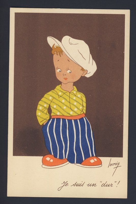 Boy white cap, pattern shirt stripped pants orange shoes ART DECO Lacroix artist