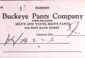 1939 BUCKEYE PANTS COMPANY CLEVELAND OHIO YOUNG MENS PANTS BILLHEAD INVOICE Z377