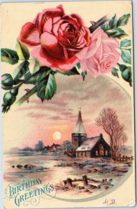 postcard Birthday Greetings - rose and church scene posted Burnside IA 1911