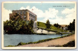 Ilion New York~High School Bldg~Waterway~Bridge~Columns~USA Flag~1916 Postcard