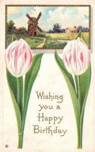 Vintage Postcard Wishing You A Happy Birthday Tulip Flower Landscape Background